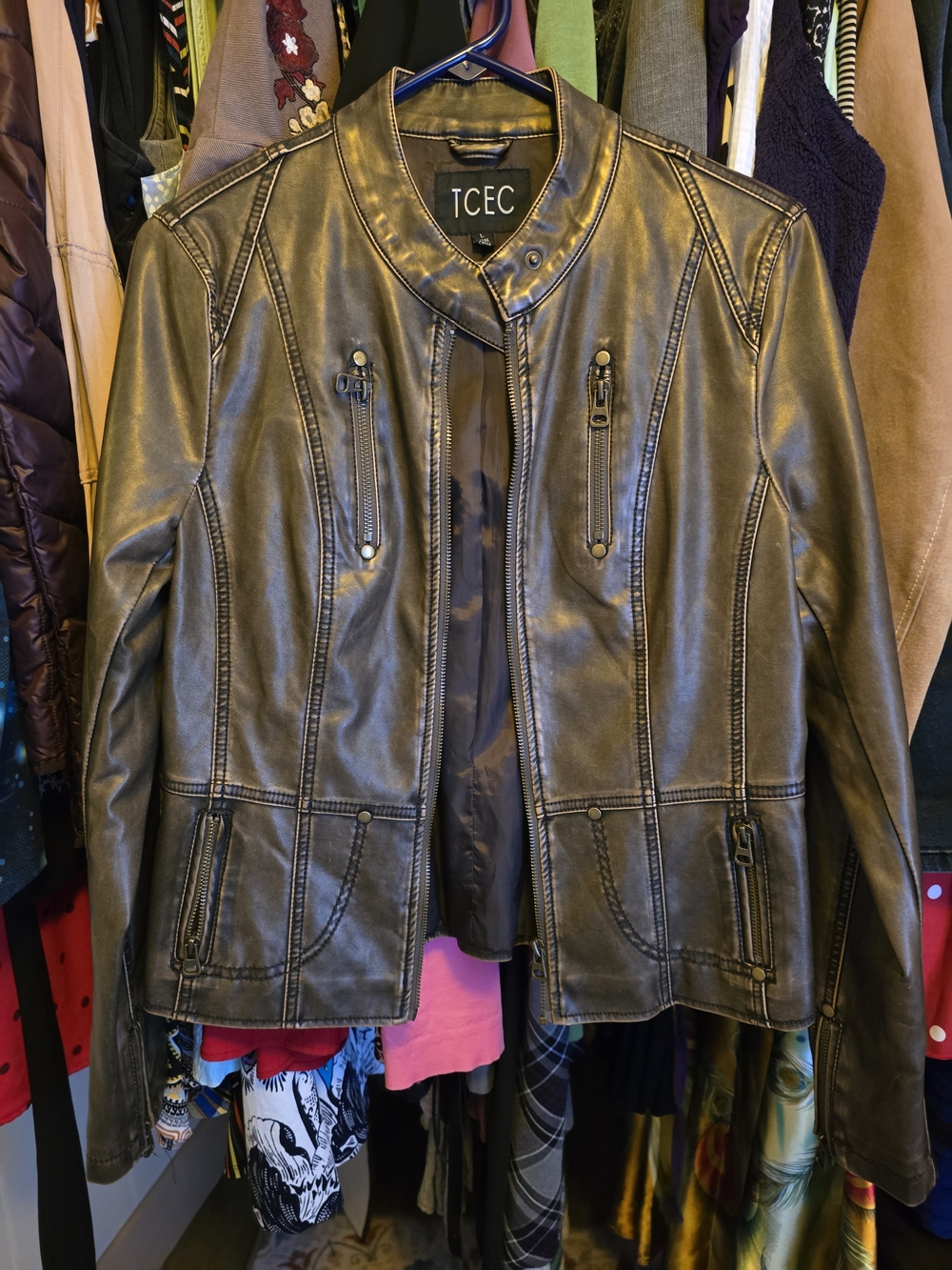TCEC Women's Dark Brown Faux Leather Moto Jacket
